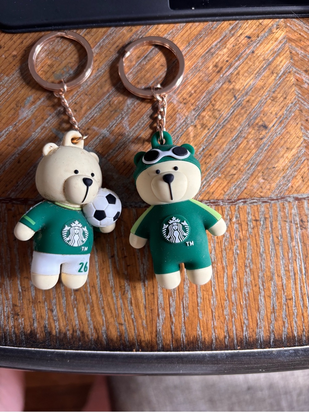 Starbucks Green Bear Keychain Pair with Soccer Ball and Goggles